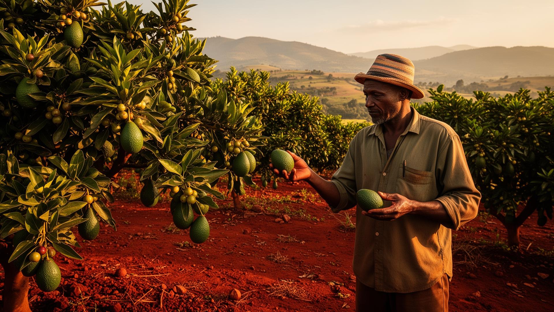 Smallholder inspecting avocados and macadamia