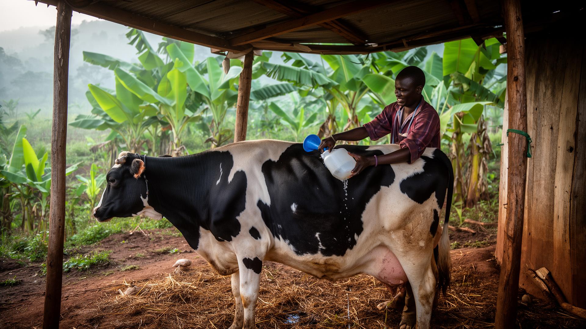 Dairy farmer milking a Friesian cow in Murang'a