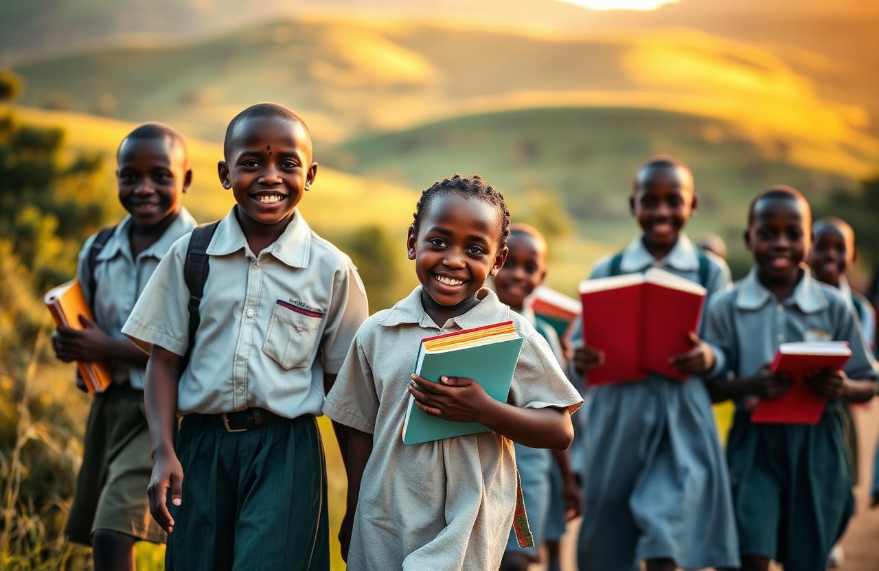 Maragwa primary school children walking to class with books