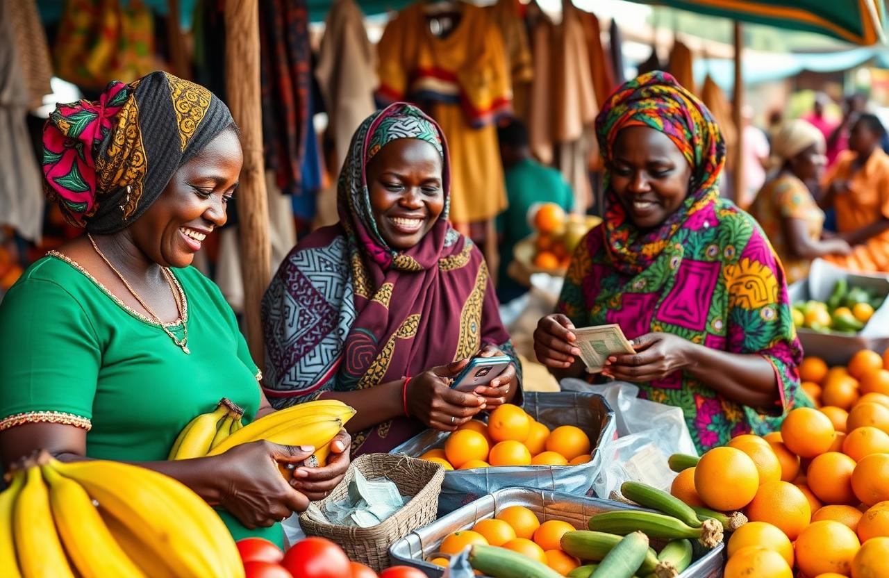 Women traders selling bananas, mangoes and oranges at Maragwa market